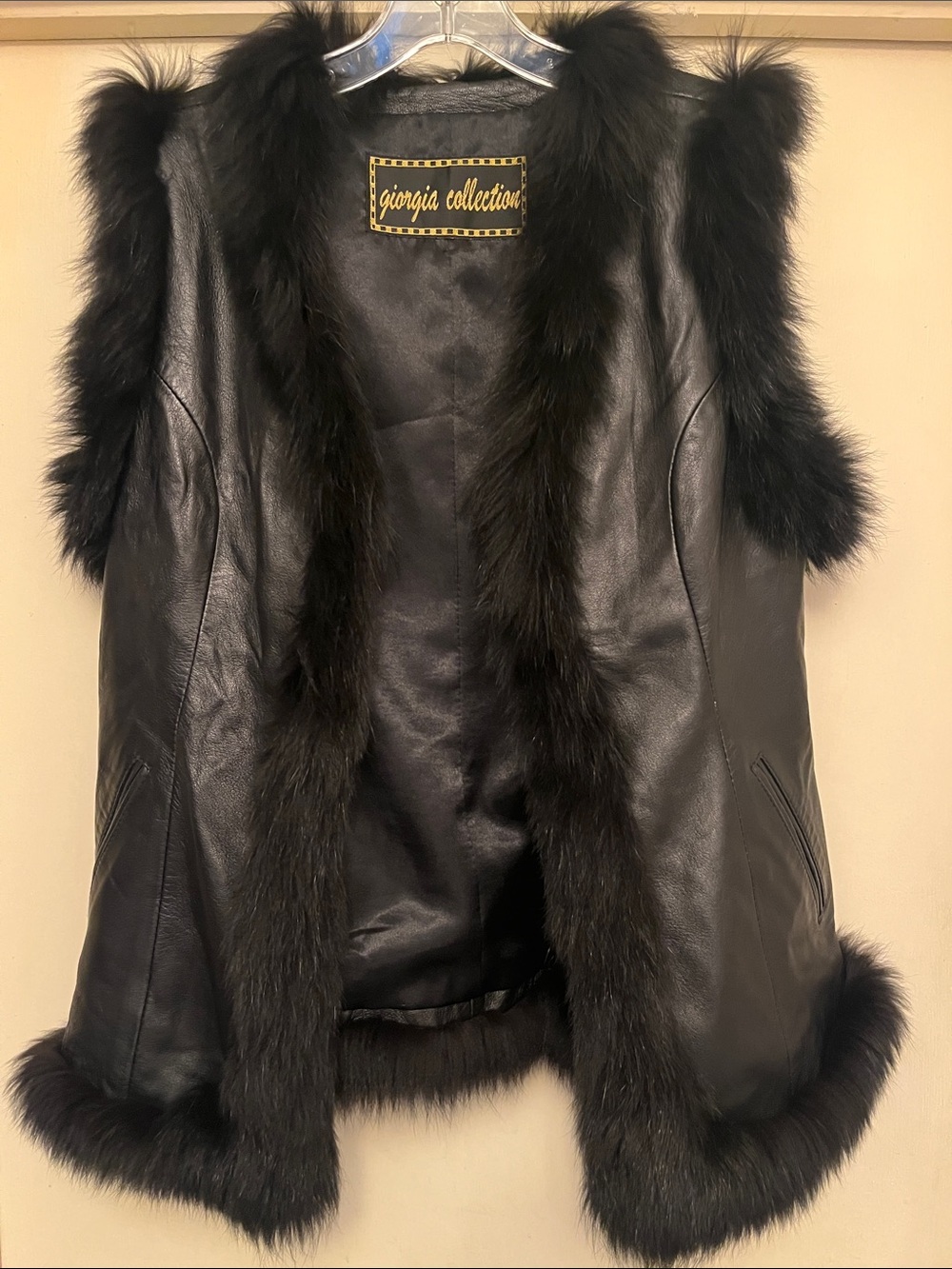 Vintage Giorgia Collection black leather fur trim sleeveless vest